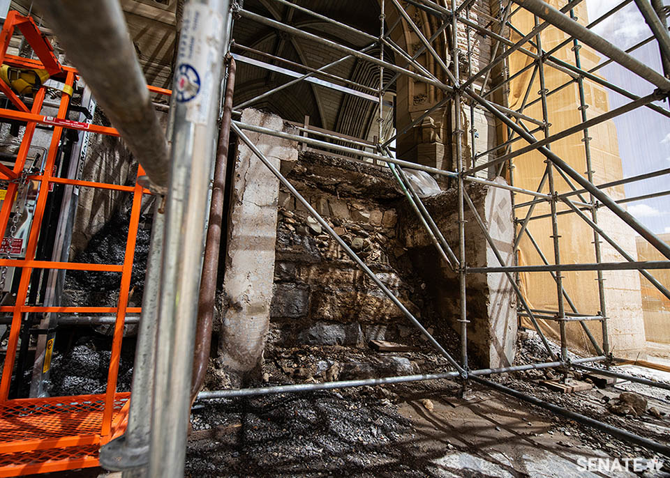 A section of the uncovered original Victoria Tower foundation under the portico at the base of the Peace Tower.