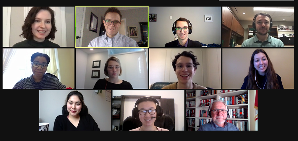 Friday, December 11, 2020 – Senator Peter Harder, who is an alumnus of the Parliamentary Internship Programme (PIP), meets with this year’s cohort of parliamentary interns. The 10 young professionals work closely with Members of Parliament on both sides of the House.