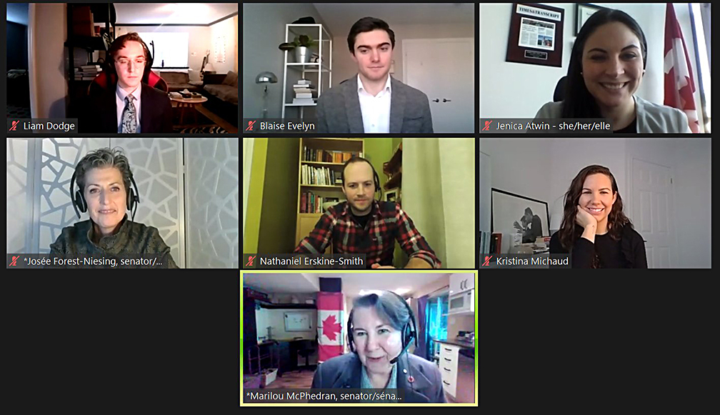 Wednesday, January 20, 2021 — Senators Marilou McPhedran and Josée Forest-Niesing participate in a panel discussing with other parliamentarians at the University of Ottawa’s virtual model Parliament.