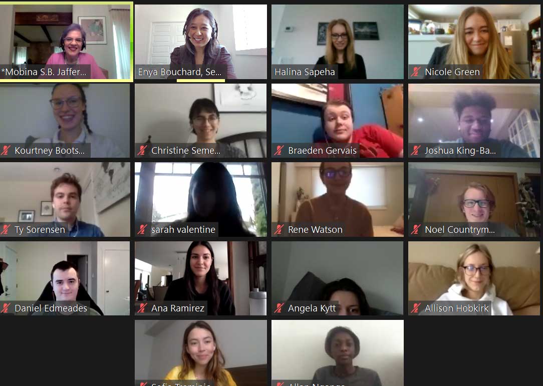 Friday, January 29, 2021 – Senator Mobina S. B. Jaffer discusses her career as a Canadian lawyer and her advocacy work in involving women in peace processes with students enrolled in International Law at the University of British Columbia’s Okanagan Campus.