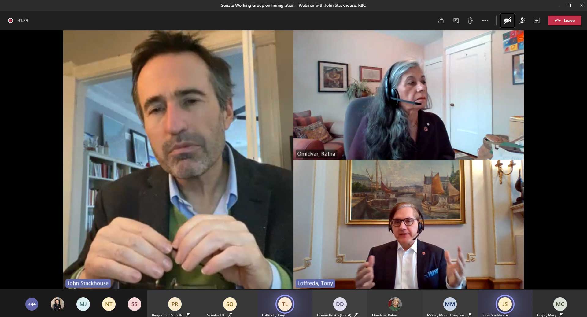 Friday, January 29, 2021 – Senator Tony Loffreda, along with other Senate colleagues, hosts a webinar on Canadian immigration and emigration with special guest panelist John Stackhouse from RBC.