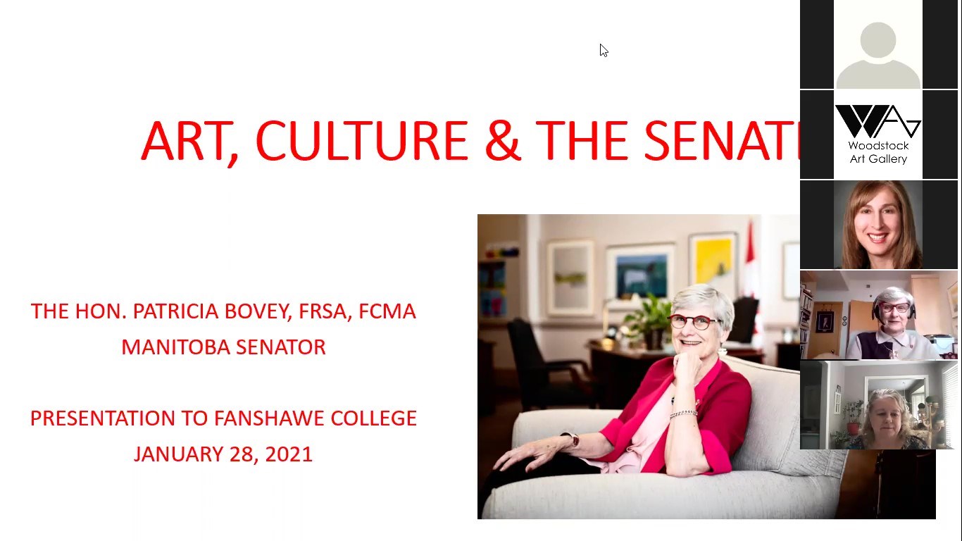 Le jeudi 28 janvier – La sénatrice Patricia Bovey donne une conférence spéciale aux étudiants du domaine des beaux arts inscrits à Fanshawe College. La conférence avait pour thème « Les arts au Sénat ». 