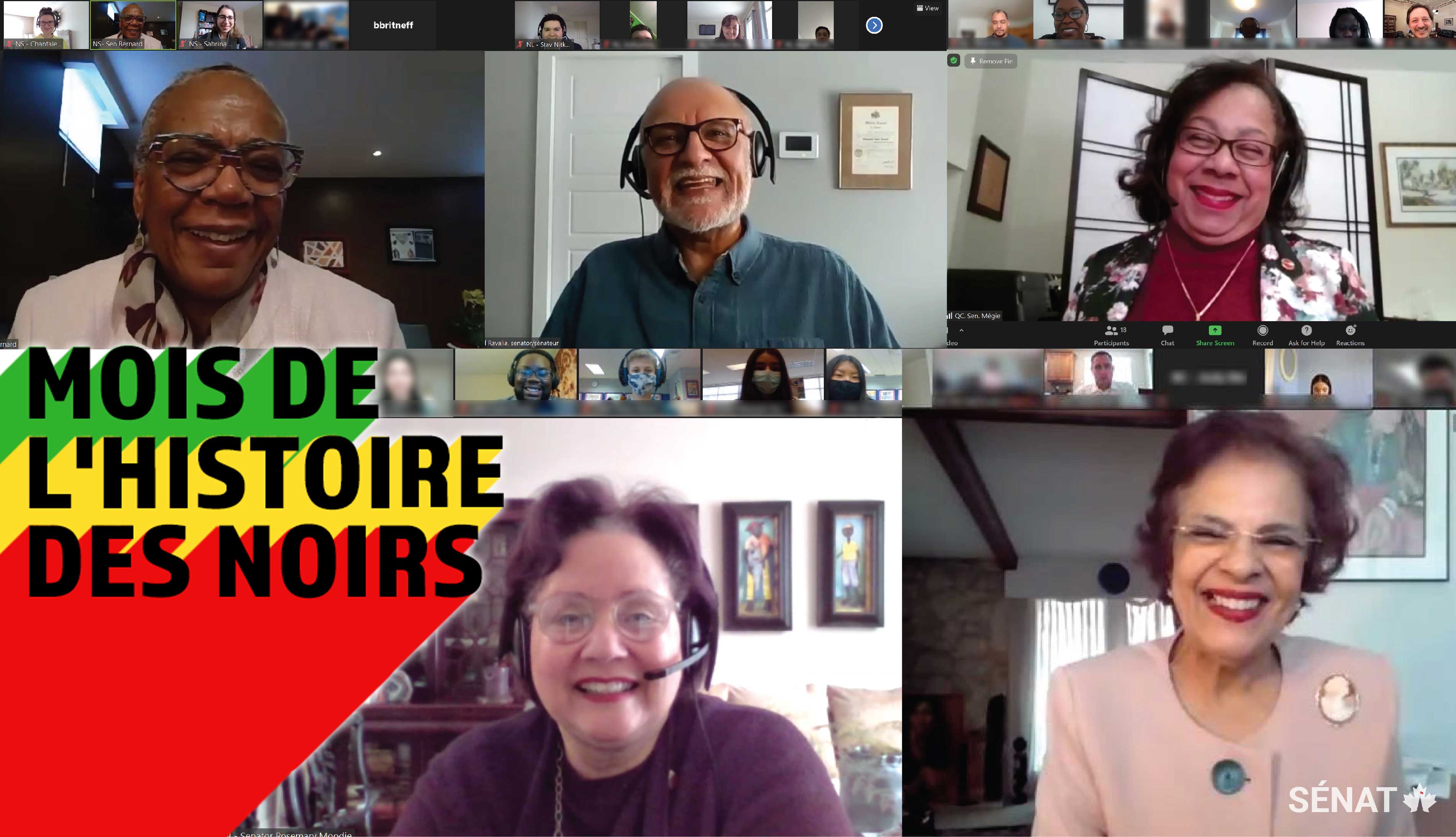 Le vendredi 19 février 2021 – Lors d’une rencontre organisée en ligne et réunissant plus de 100 élèves canadiens du secondaire, les sénateurs Wanda Elaine Thomas Bernard, Mohamed‑Iqbal Ravalia, Marie-Françoise Mégie, Rosemary Moodie et Mobina S.B. Jaffer expliquent ce qu’ils ont vécu en tant que personnes de couleur au Canada, et de quelle façon les jeunes leaders peuvent façonner l’avenir.