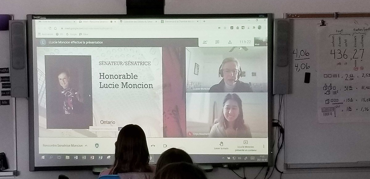 Monday, March 1, 2021 – Senator Lucie Moncion tells fifth-grade students at l’École élémentaire catholique Bernard-Grandmaître in Ottawa, Ontario, about her path to the Upper Chamber and her role as a Franco-Ontarian senator.