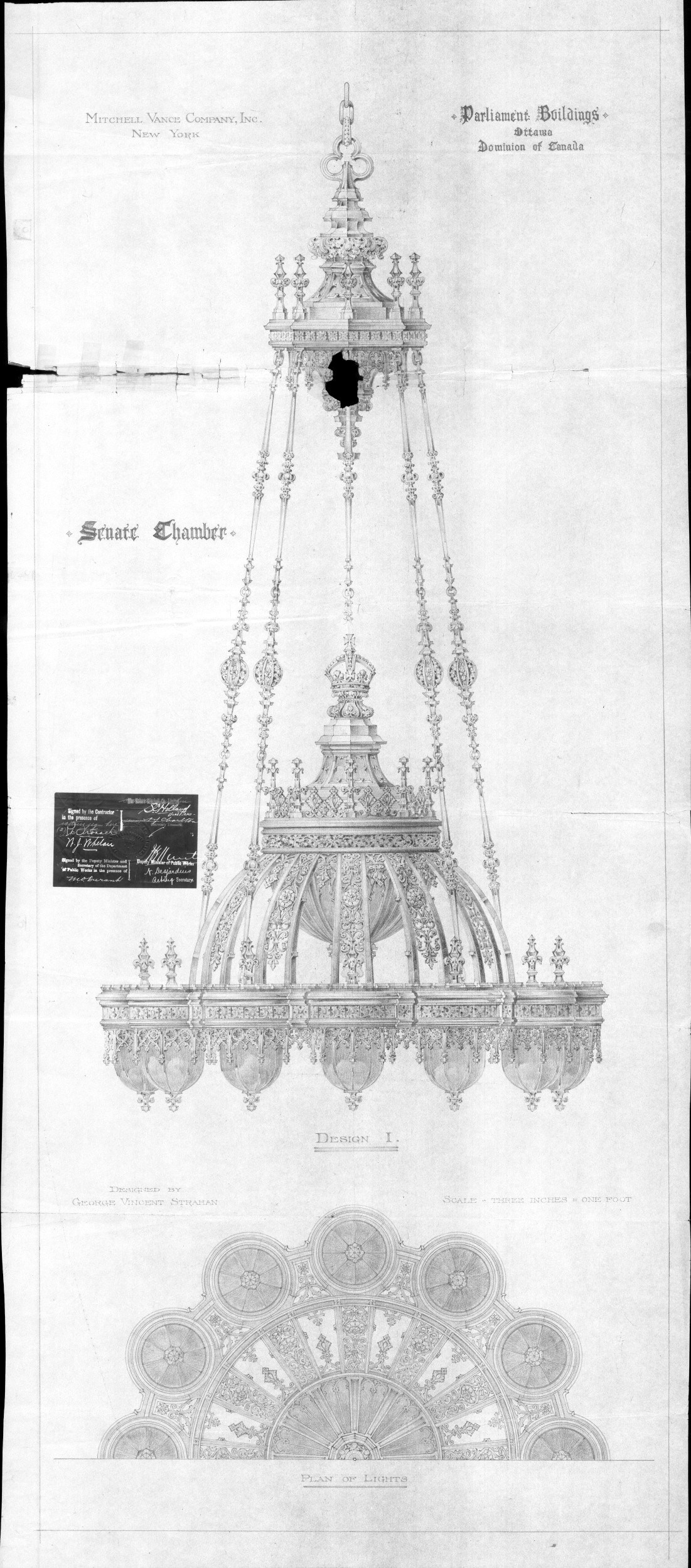 The original design drawings of the Senate Chamber chandeliers, credited to George Vincent Strahan of the Mitchell Vance Company. The firm was among the premier lighting fixture manufacturers in the United States between 1850 and the early 1900s, according to Chris Nelson of Lighting Nelson & Garrett. (Photo credit: Public Services and Procurement Canada)