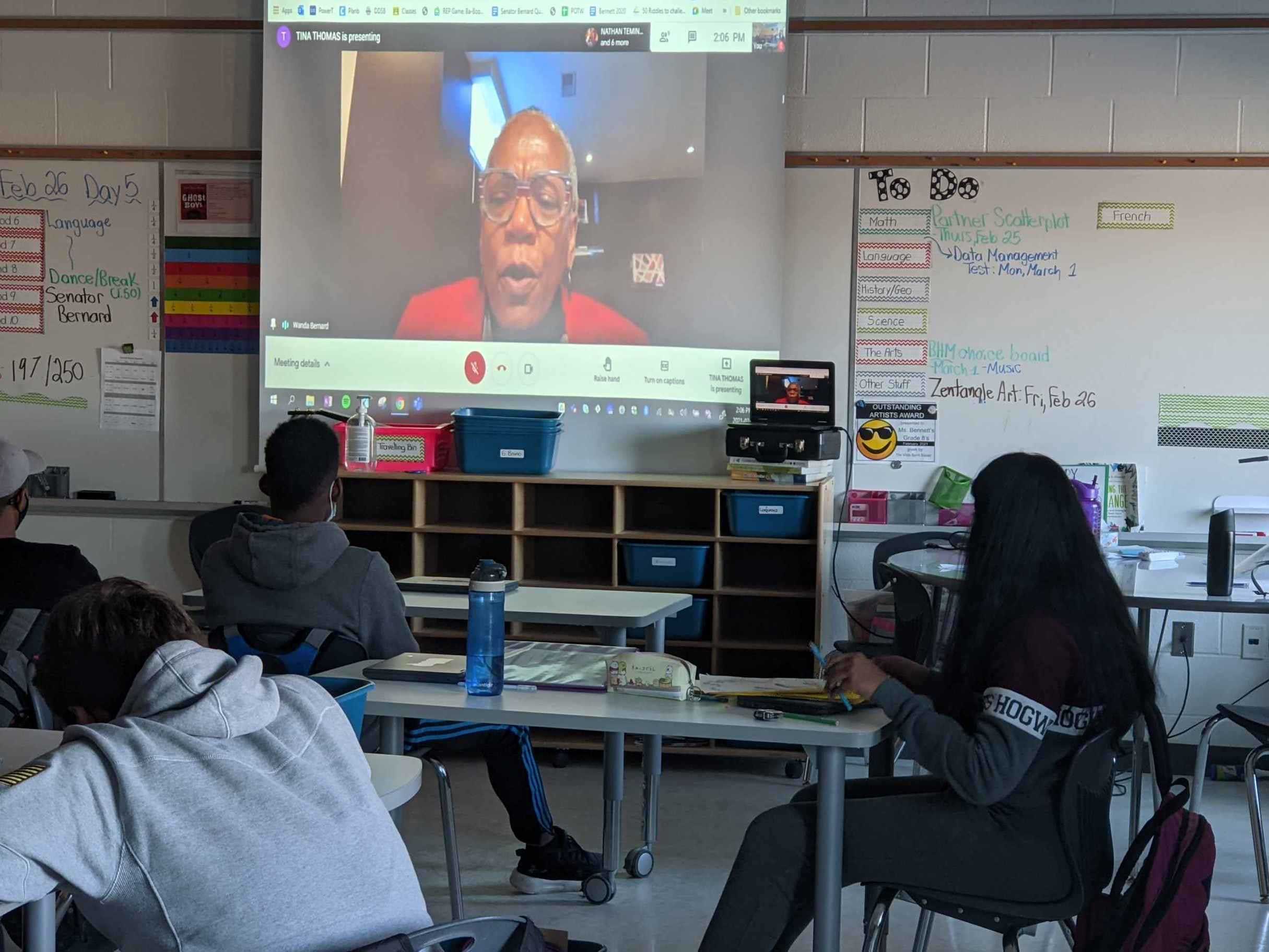 Friday, February 26, 2021 – Senator Wanda Thomas Bernard meets with students in Grades 6 to 8 from Viola Desmond Public School in Ajax, Ontario for Black History Month.