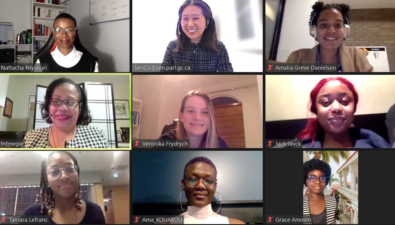 Wednesday, March 10, 2021 – Senator Marie-Françoise Mégie meets with members of the Association of Black Law Students at the Université de Sherbrooke to discuss the Black Lives Matter movement, systemic discrimination and senators’ advocacy work for underrepresented groups.