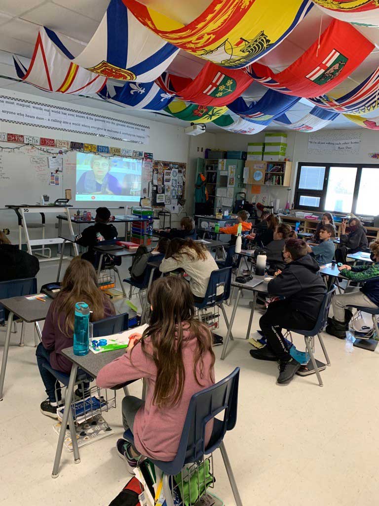 Wednesday, March 10, 2021 – Senator Paula Simons gives an inspirational speech on empathy during a virtual assembly with more than 300 students in Grades 5 to 9 at Riverview Middle School in Devon, Alberta.