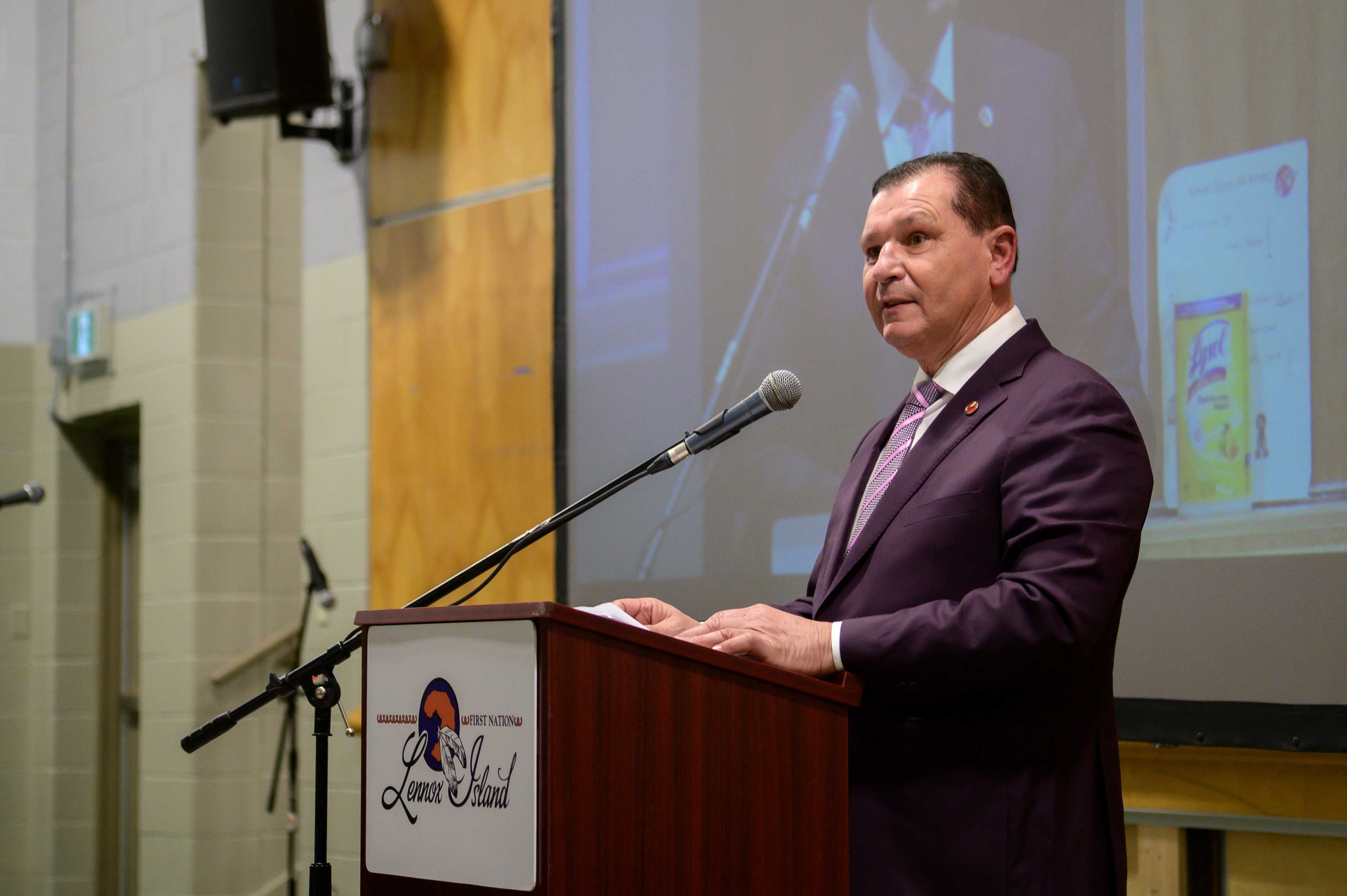 Monday, March 29, 2021 – Senator Brian Francis speaks at Ice Walk, an event highlighting the advantages a fixed link has brought to his birthplace, Lennox Island First Nation. Before the construction of a causeway-bridge in 1973, members of the Mi'kmaq community had to make a dangerous and sometimes deadly passage on foot across open sea ice to reach the island community off the northwest coast of Prince Edward Island. (Photo credit: Patricia Bourque)