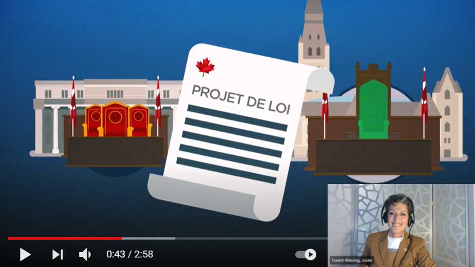 Monday, March 29, 2021 – Senator Josée Forest-Niesing acts as moderator during a debate on Bill S-209, An Act to amend the Canada Elections Act and the Regulation Adapting the Canada Elections Act for the Purposes of a Referendum (voting age) with French first-language and French second-language students. The event was organized by French for the Future, a not-for-profit organization that supports high school students on their path towards bilingualism, as a part of its Ottawa Local Forum.