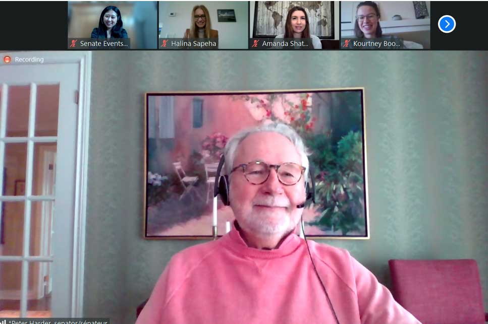 Wednesday, March 31, 2021 – Senator Peter Harder engages with international politics students at the University of British Columbia’s Okanagan Campus. He shared experiences and insights he’s gained during a 43-year career in the public service and in Canadian politics.