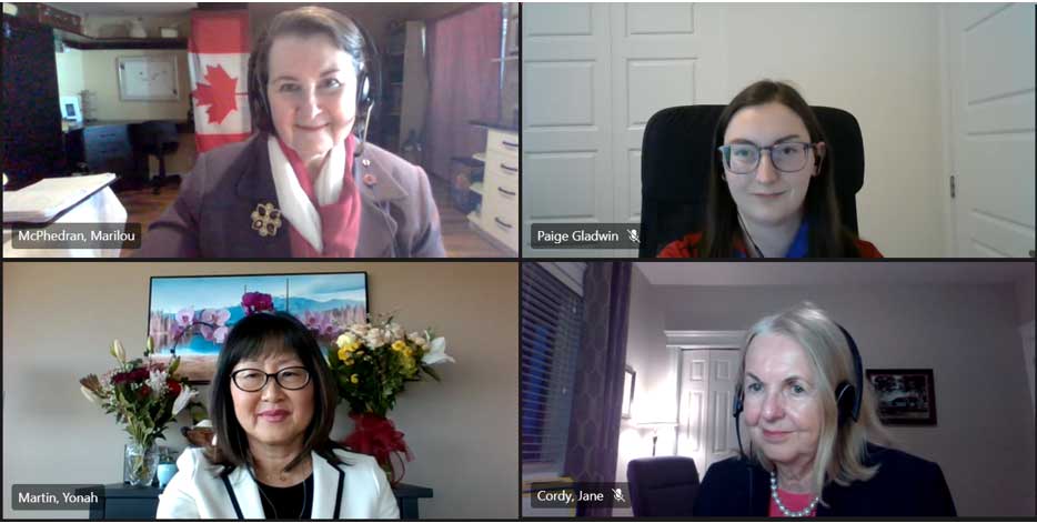 Monday, April 12, 2021 – Senators Jane Cordy, Yonah Martin and Marilou McPhedran participate in a Scouts Canada Senate Speaker Series webinar on Gender Equality. They discussed the gender pay gap, the impact of COVID-19 on women and the participation of women and girls in politics.