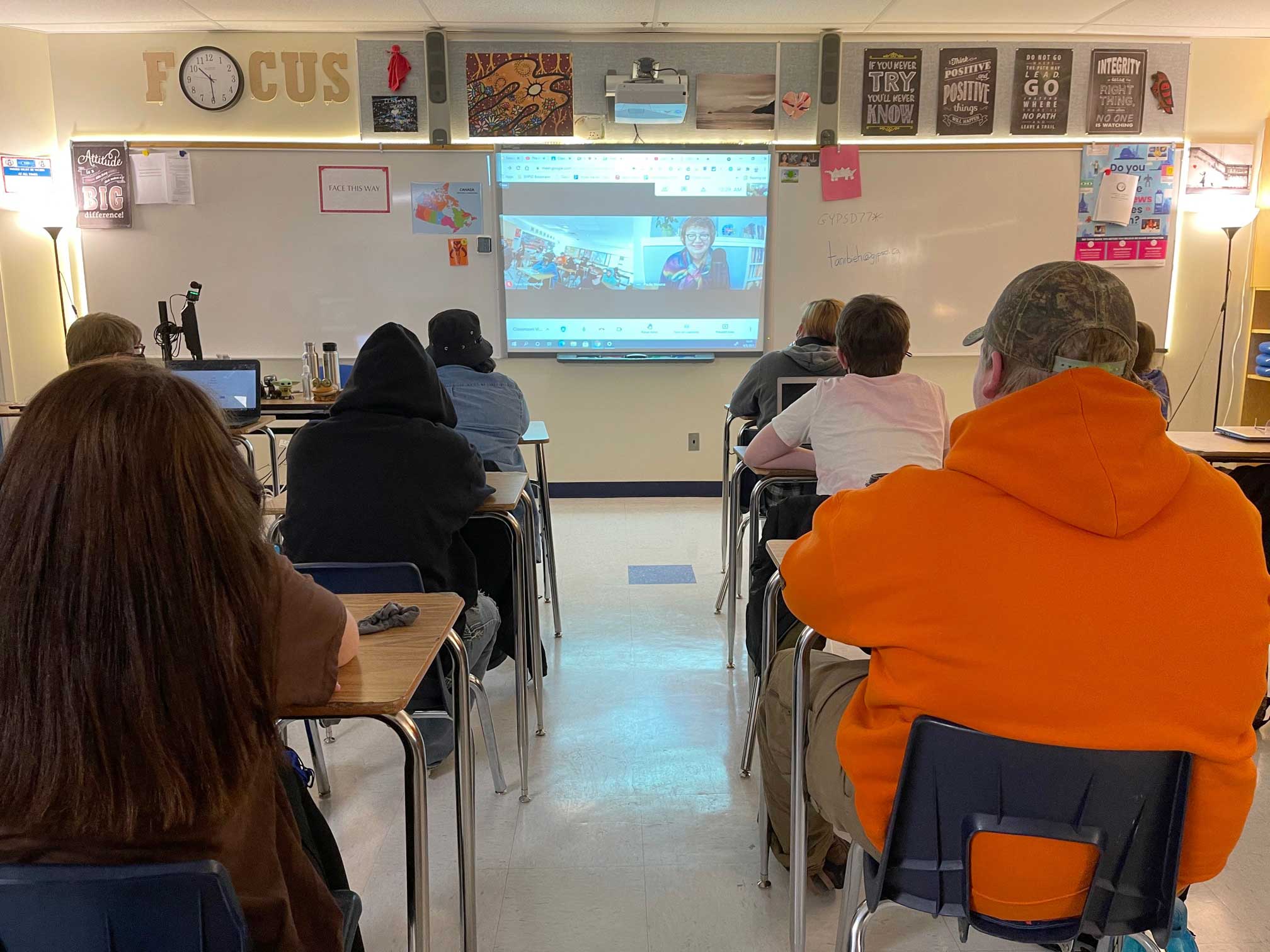 Thursday, April 8, 2021 – Senator Paula Simons speaks with Grade 9 students at Parkland Composite High School in Edson, Alberta, about her role as a senator.