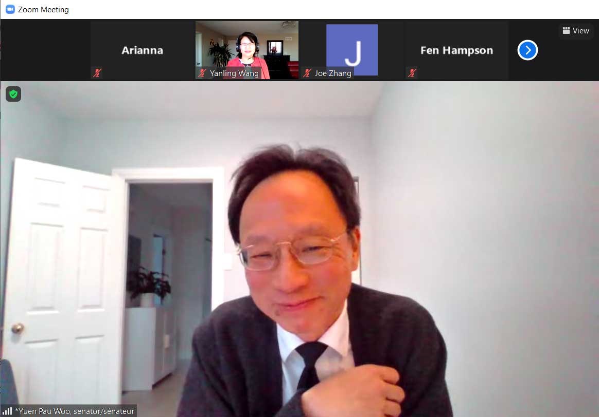 Le mercredi 7 avril 2021 – Le sénateur Yuen Pau Woo effectue un exposé sur Zoom sur le thème « Qu’est-ce que la Chine pour le Canada? » à des étudiants de l’École des affaires internationales Norman Paterson de l’Université Carleton.