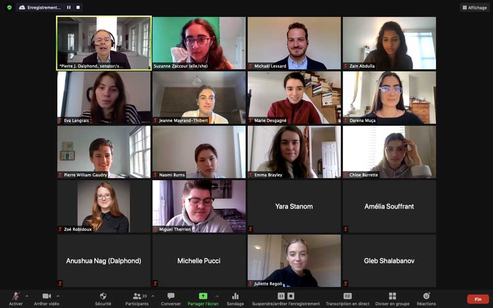Wednesday, April 14, 2021 – Senator Pierre J. Dalphond meets virtually with family law students from McGill’s Faculty of Law about recent changes to the Divorce Act. Students were interested in changes to the Act concerning the best interests of the child and domestic-violence screening, particularly when it concerns violence between partners.