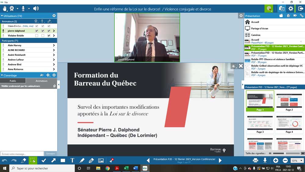 Wednesday, April 7, 2021 – Senator Pierre J. Dalphond gives his eighth training session to members of the Quebec Bar on important changes to the Divorce Act that came into force on March 31, 2021. Over the course of these training sessions, Senator Dalphond has met more than 1,000 Quebec lawyers to speak about domestic violence, the best interests of the child and measures to reduce conflicts between ex-spouses.