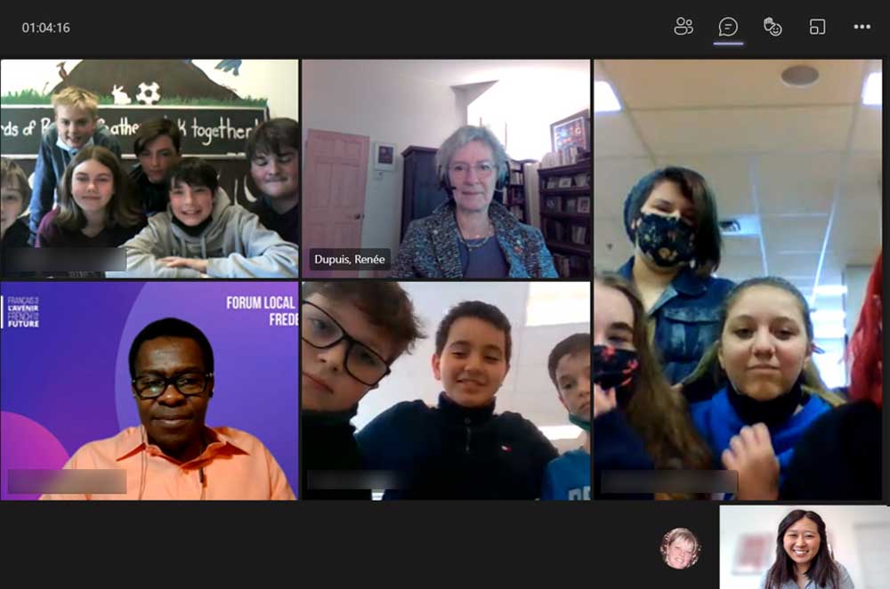 Wednesday, April 21, 2021 – Senator Renée Dupuis participates in a workshop with students in Grades 7 and 8 during a local forum in Fredericton, N.B. organized by French for the Future, to debate a bill that would lower the voting age to 16. The discussion covered how such a bill might progress through the legislative process as well as youth civil and political engagement.