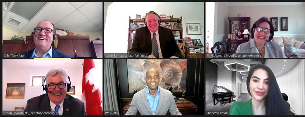 Monday, April 19, 2021 – Senators Rosemary Moodie, Dan Christmas and Colin Deacon co-host a panel discussion on diversity and inclusion as keys to economic prosperity. The panel featured Canadian entrepreneurs Shahrzad Rafati, Chief Terry Paul and Wes Hall and was moderated by Senator Scott Tannas.