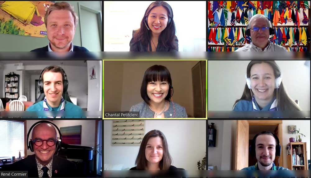 Thursday, April 15, 2021 – Young francophones from the Association des Scouts du Canada participate in a virtual 5 à 7 with senators Chantal Petitclerc and René Cormier to learn more about the Senate of Canada. During the panel, they discussed the work of senators, diversity and inclusion, la francophonie, and mental health.