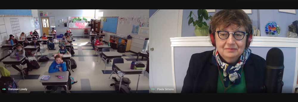 Wednesday, April 14, 2021 – Senator Paula Simons meets with Grade 6 students from St. Thomas Aquinas Catholic School in Spruce Grove, Alberta, to discuss the role of the Senate in Parliament and what led her to become a senator.