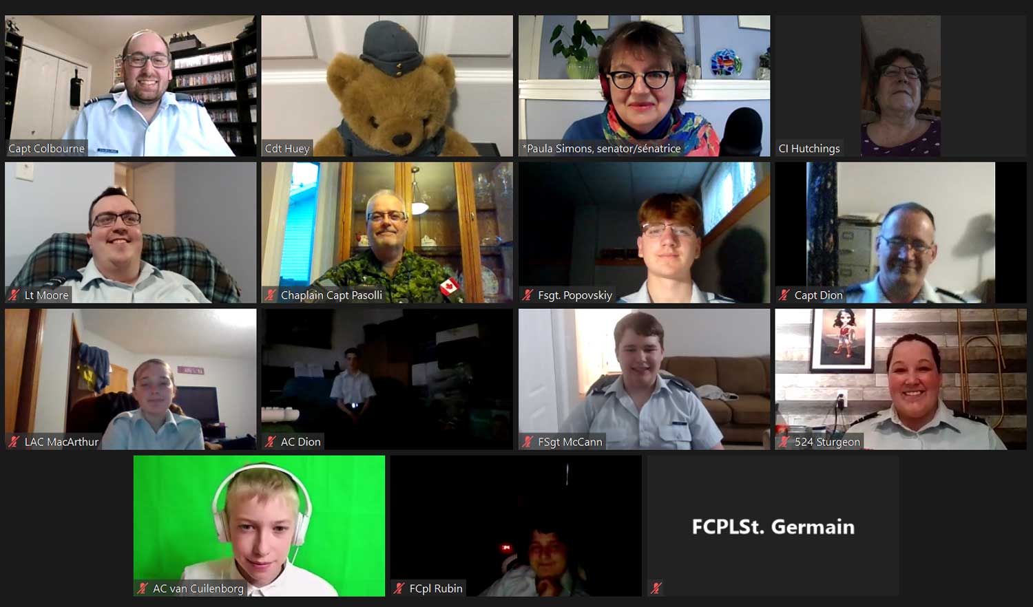 Tuesday, April 27, 2021 – Senator Paula Simons meets with Air Cadets and staff from the 524 Sturgeon Air Cadet Squadron in Bon Accord, Alberta, to discuss the role of the Senate.