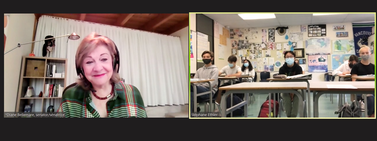Wednesday, May 19, 2021 - Senator Diane Bellemare meets with students from Earl Marriott High School in South Surrey, British Columbia, to discuss the Senate’s role in Parliament.