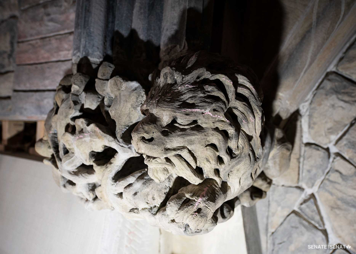 Some of East Block’s animal grotesques are also in line for some TLC. This lion sculpture has a crack in its paw. Fissures like that get marked with chalk to signal they need to be fixed up with liquid grout.
