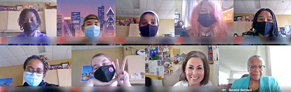 Grade 12 students at Halifax West High School in Nova Scotia host a virtual question-and-answer session with Senator Wanda Elaine Thomas Bernard