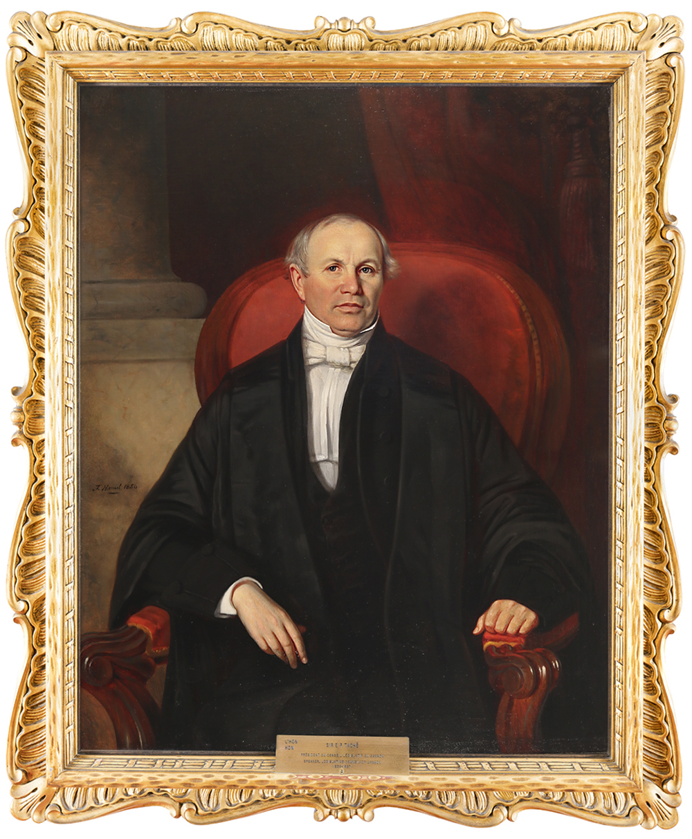The restored portrait of Sir Étienne-Paschal Taché, Speaker of the Legislative Council of the Province of Canada, 1848–1865. One of the 23 Fathers of Confederation, Mr. Taché gave up a promising medical career for politics. In 1848, he was appointed to the Legislative Council of the Province of Canada as its Speaker. Portrait by Théophile Hamel, 1856.