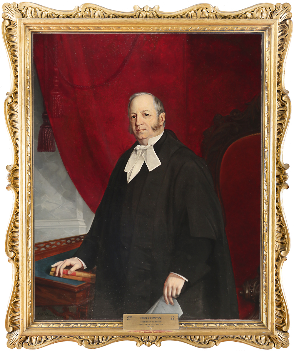 The restored portrait of Pierre-Joseph-Olivier Chauveau, Speaker of the Senate of Canada, 1873–1874. Mr. Chauveau was the first premier of the Province of Quebec following Confederation and sat as an MP in the newly formed House of Commons. He was appointed to the Senate in 1873 and became Speaker that same year. Portrait by Eugène Hamel, 1874.