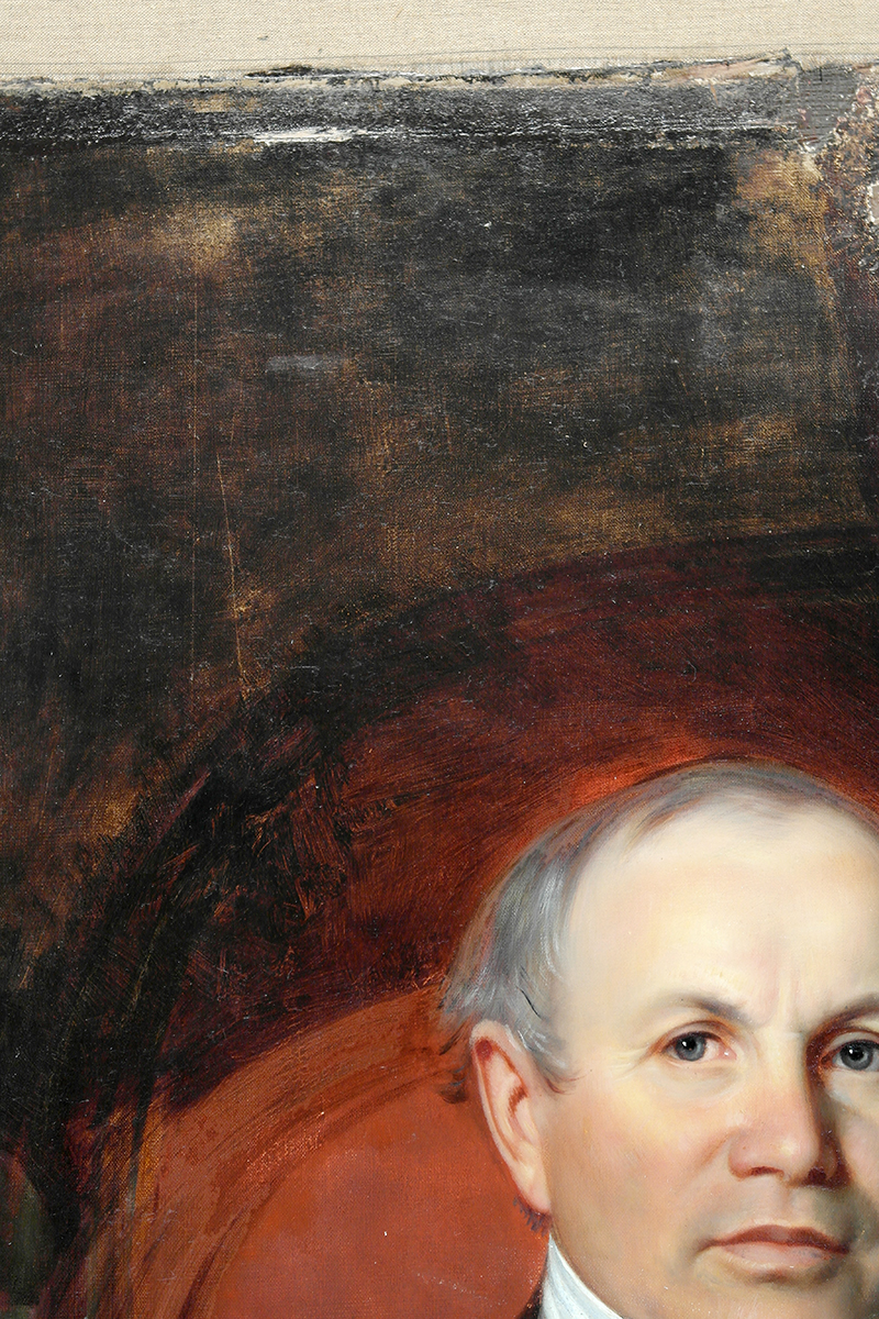 After dirt and overpaint was removed from the portrait of Sir Étienne-Paschal Taché, changes made by the artist became more visible. A taller version of the Speaker’s chair that the artist had subsequently painted over emerged. (Photo credit: Legris Conservation)