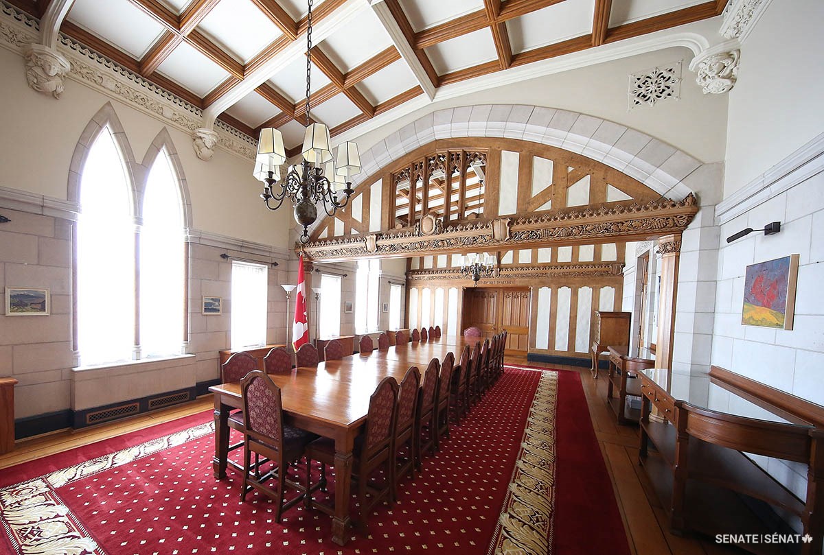 The Senate Speaker’s chambers are jewels of 1920s Gothic Revival elegance. Modelled on the great hall of a 16th-century Tudor manor house, the suite features intricate oak, limestone and plaster ornaments, including these 32 plaster figures. Its dining room, pictured here, has hosted presidents, prime ministers, potentates and Nobel laureates.