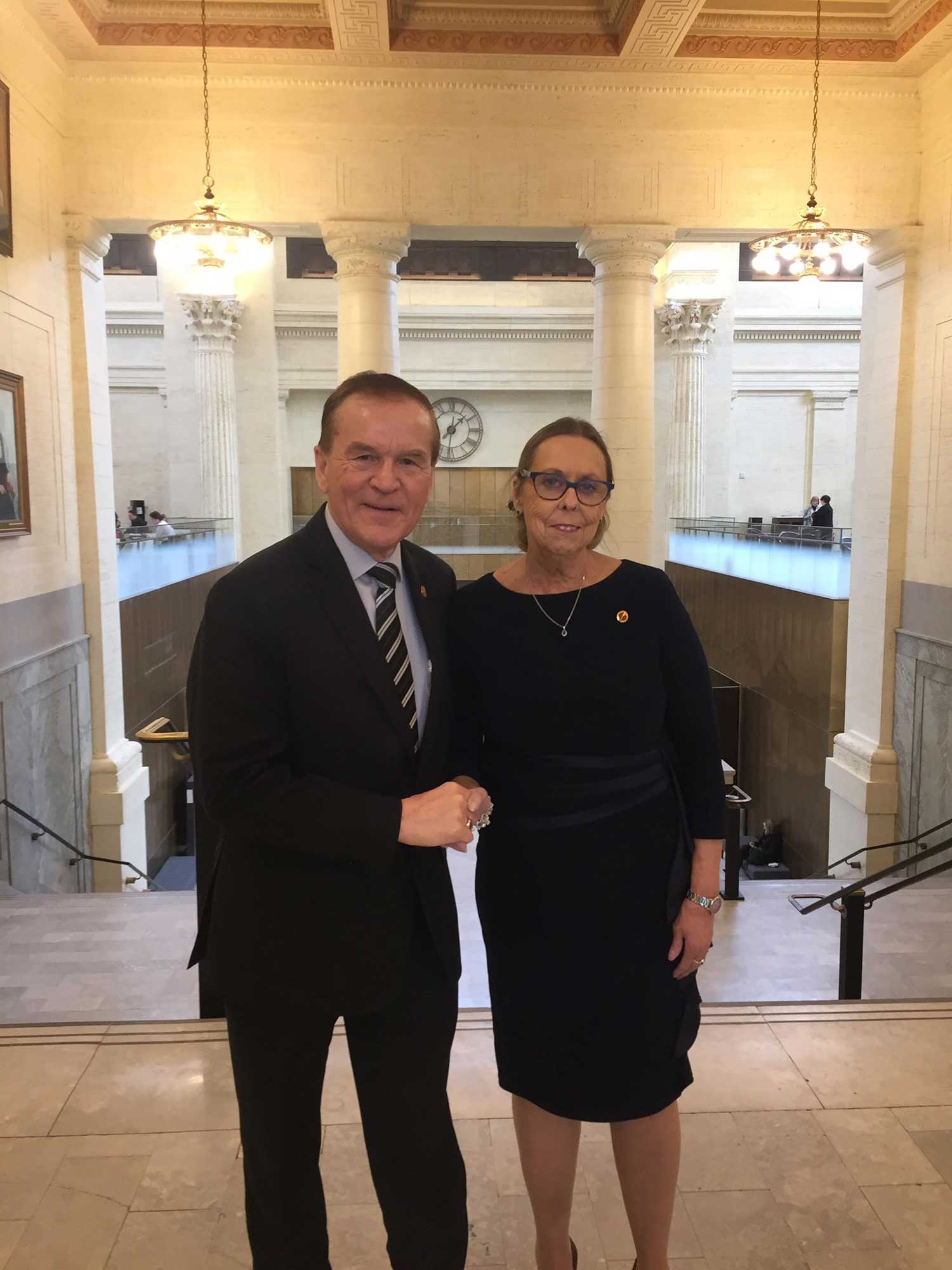 Senator Mockler and Senator Keating share a moment after her appointment to the Red Chamber. (Photo credit: Office of Senator Percy Mockler)