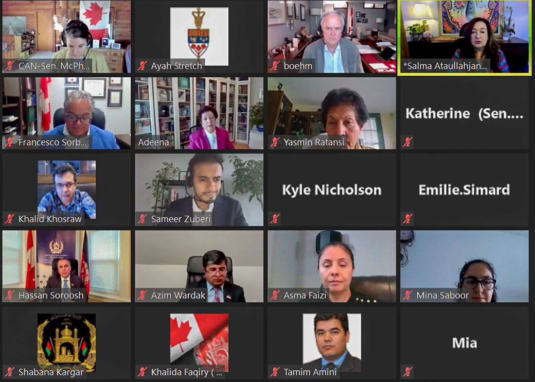 Thursday, July 29, 2021 – Senator Salma Ataullahjan co-chairs a meeting of the Canada-Afghanistan Parliamentary Friendship Group, with senators Peter M. Boehm and Marilou McPhedran also in attendance. His Excellency Hassan Soroosh, Afghanistan’s ambassador to Canada, updated the group on the escalating tensions in his home country.