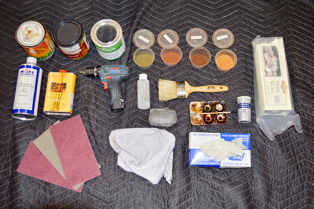 Mr. Mailhot’s toolkit includes brushes, sanding and polishing cloths, tinted waxes, solvents and traditional shellac. (Photo credit: Ottawa Furniture Repair)
