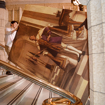 Art conservators from Legris Conservation removed several royal portraits from the Senate foyer in October, 2019. including this one of King George VI.