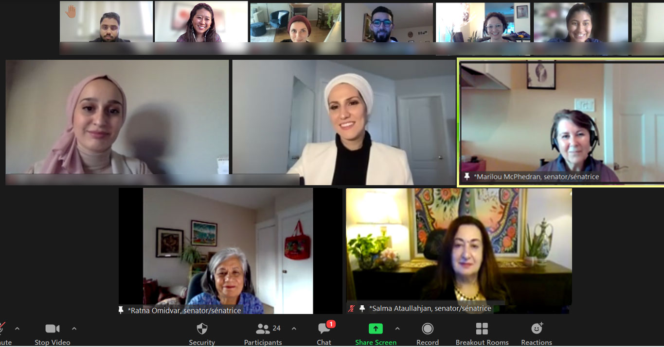 Thursday, September 16, 2021 – Youth participants from the Syrian Canadian Foundation meet with senators Salma Ataullahjan, Ratna Omidvar and Marilou McPhedran. The conversation focused on how the Senate and senators’ work strengthen Canada’s democracy.