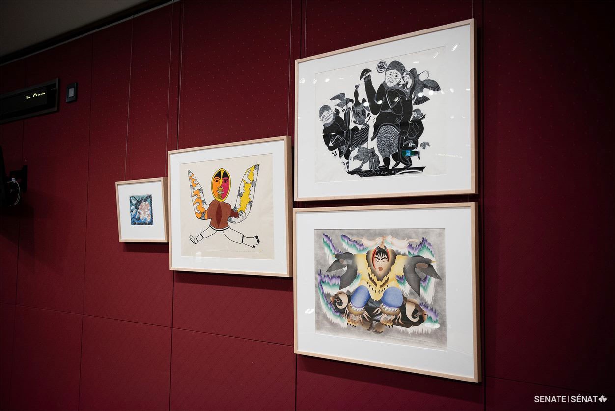 Select works by Inuit artists are featured on the wall of committee room B-30 in the Senate of Canada Building.