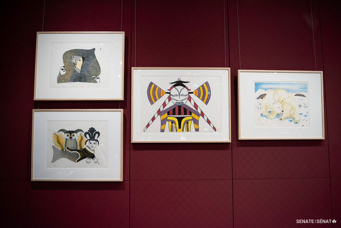 Select works by Inuit artists are featured on the wall of committee room B-30 in the Senate of Canada Building.