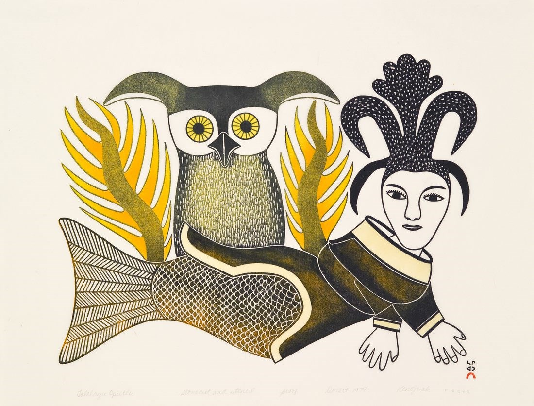 Kenojuak Ashevak. Talelayu Opiitlu (Talelayu with Owl), 1979. Stonecut, stencil on paper. Collection of the Winnipeg Art Gallery. Gift of Indian and Northern Affairs Canada. (Photo Credit: Ernest Mayer, courtesy of the Winnipeg Art Gallery)