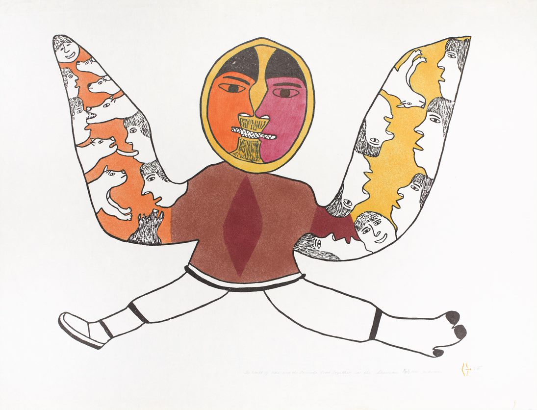Simon Tookoome. The World of Men and the World of Animals Come Together in the Shaman, 1973. Stonecut and stencil on paper. Government of Nunavut Fine Art Collection. On long-term loan to the Winnipeg Art Gallery. (Photo Credit: Serge Gumenyuk, courtesy of the Winnipeg Art Gallery)