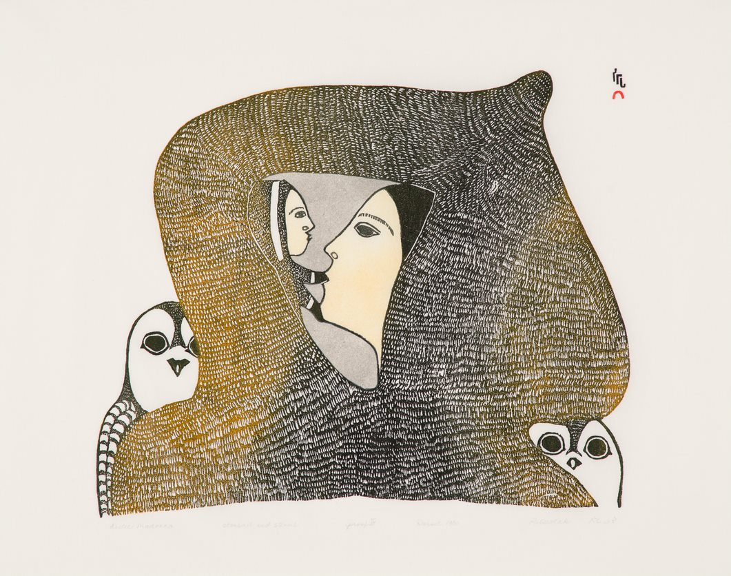 Pitaloosie Saila. Arctic Madonna, 1980. Stonecut, stencil on paper. Collection of the Winnipeg Art Gallery. Gift of Indian and Northern Affairs Canada. (Photo Credit: Leif Norman, courtesy of the Winnipeg Art Gallery)