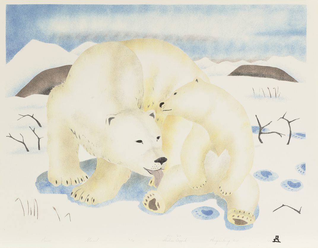 Andrew Qappik. Pause, 2002. stencil on paper. Collection of the Winnipeg Art Gallery. Given by the Council for Canadian American Relations through the generosity of H.G. Jones. (Photo Credit: Leif Norman, courtesy of the Winnipeg Art Gallery).