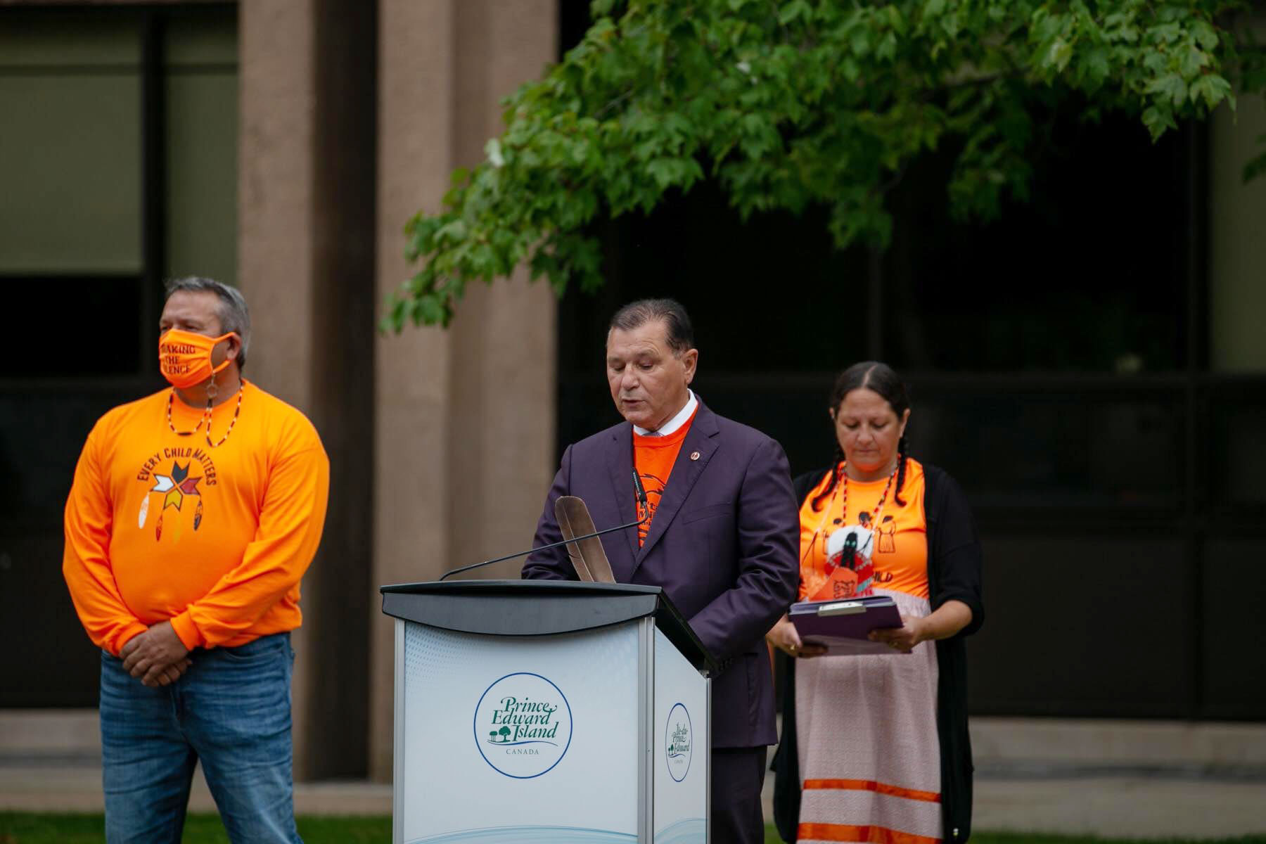Thursday, September 30, 2021 – Senator Brian Francis participates in a flag lowering ceremony, followed by two minutes of silence, in Charlottetown, Prince Edward Island, on the inaugural National Day for Truth and Reconciliation. Senator Francis was humbled to be recognized for the small role he played in sponsoring the legislation to establish this day, which is a direct response to Call to Action 80 of the Truth and Reconciliation Commission’s report.