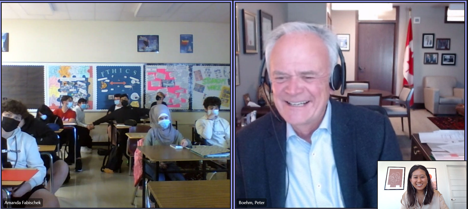 Tuesday, September 28, 2021 – Senator Peter M. Boehm talks about his career path and the role of the Senate in Parliament with Grade 10 students at Riverside Secondary School in Windsor, Ontario.