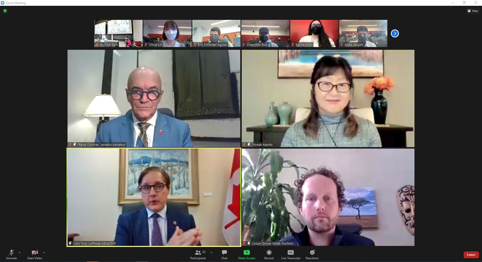 Wednesday, October 20, 2021 – Senators René Cormier, Tony Loffreda and Yonah Martin participate as guest speakers in a panel organized by Professor Tina Park from the University of Toronto, as part of her course on Canadian nationalism. The senators spoke with the students about diversity, multiculturalism and immigration.