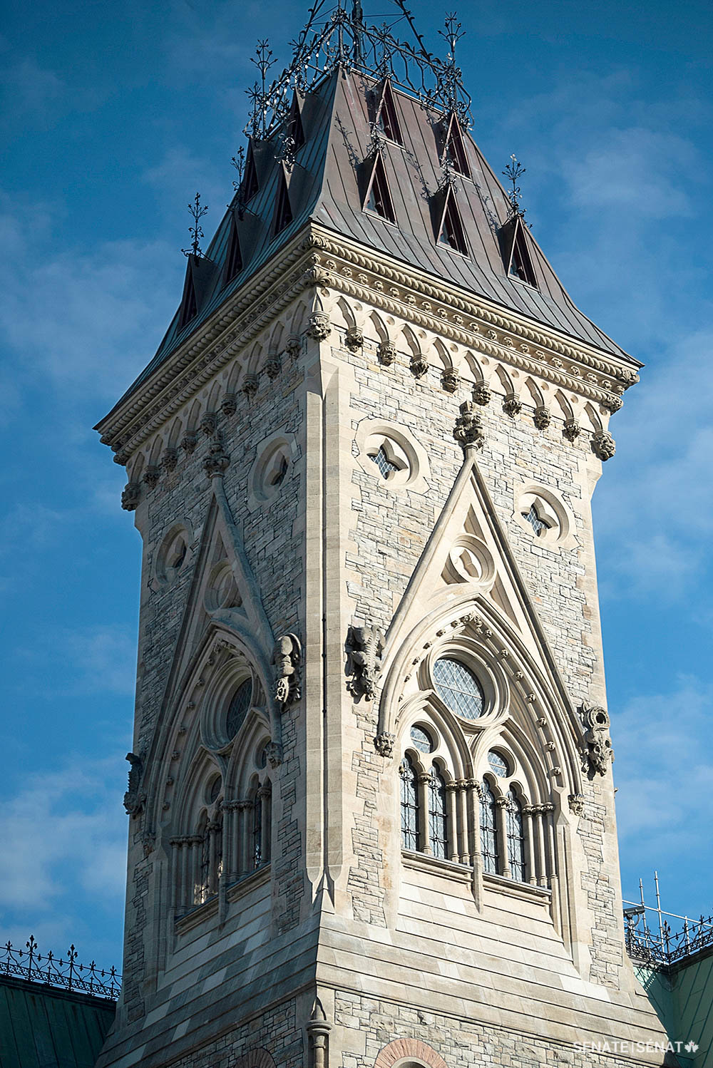 The southwest tower once housed a water cistern in its attic to supply a steady flow of water for the building.