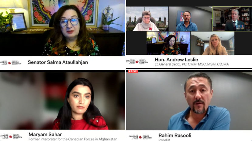 Friday, November 12, 2021 – Senator Salma Ataullahjan moderates a discussion between panelists from Afghanistan who have resettled in Canada. The panel was part of “Remembering Canada in Afghanistan,” an event hosted by the Canadian Club of Ottawa to reflect on the largest deployment of Canadian military personnel since the Second World War.