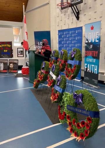 Friday, November 5, 2021 – Senator Paula Simons speaks at a special Remembrance Day ceremony honouring Indigenous veterans, which took place at the Baitul Hadi Mosque in Edmonton, Alberta.