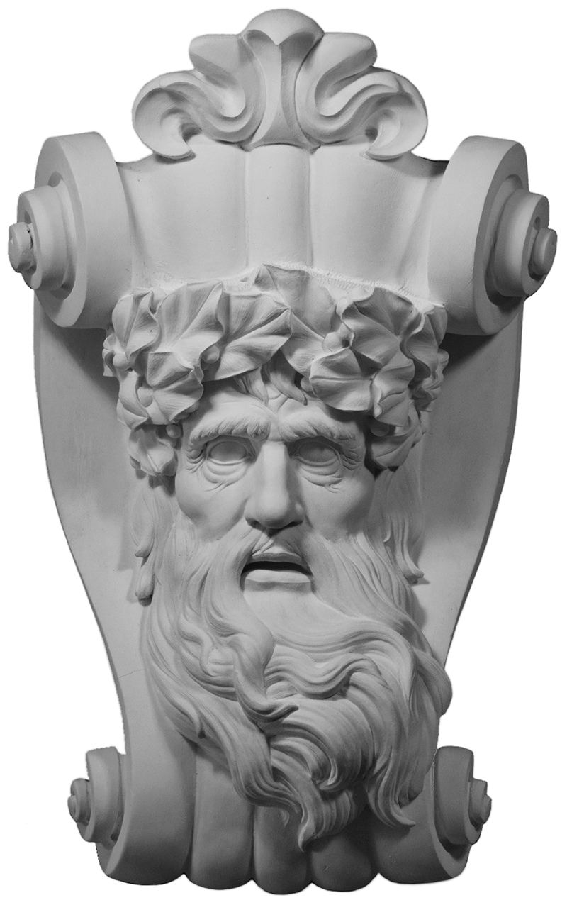 Un mascaron, ou clé de voûte décorative, que M. Smith a sculpté peu après son retour de France. (Crédit photo : John-Philippe Smith)